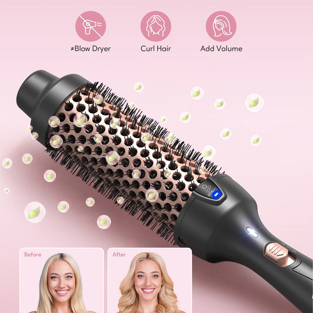 Thermal Brush for Blowout Look, 1 1/2 Inch Ionic Heated Nylon Brush Get Natural Curls, Rose Gold