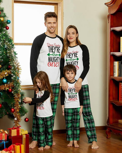 Christmas Letter Contrast Top and Plaid Pants Family Matching Pajamas Sets (Flame Resistant) 462546