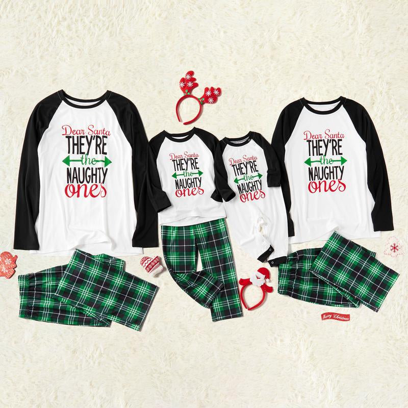 Christmas Letter Contrast Top and Plaid Pants Family Matching Pajamas Sets (Flame Resistant) 462546