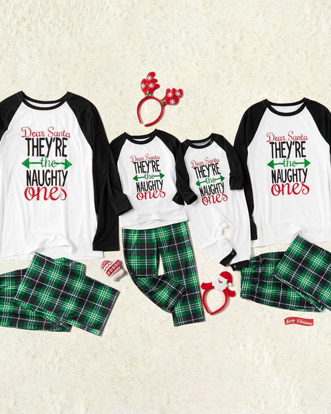 Christmas Letter Contrast Top and Plaid Pants Family Matching Pajamas Sets (Flame Resistant) 462546