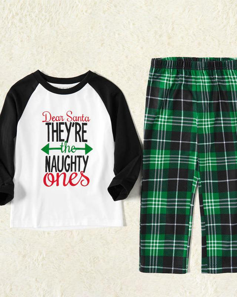 Christmas Letter Contrast Top and Plaid Pants Family Matching Pajamas Sets (Flame Resistant) 462546